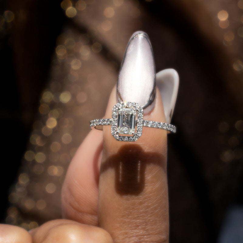 Emerald Cut Diamond Halo Engagement Ring with Pavé Band
