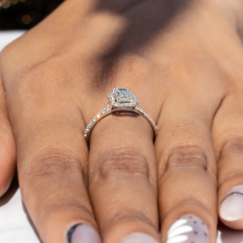 Emerald Cut Diamond Halo Engagement Ring with Pavé Band