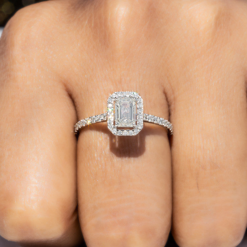 Emerald Cut Diamond Halo Engagement Ring with Pavé Band