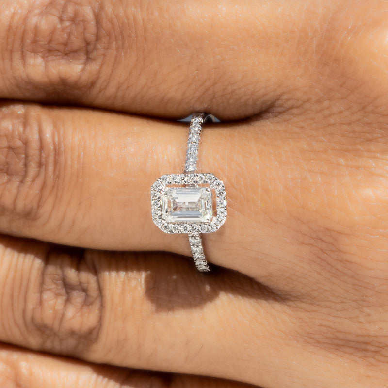 Emerald Cut Diamond Halo Engagement Ring with Pavé Band