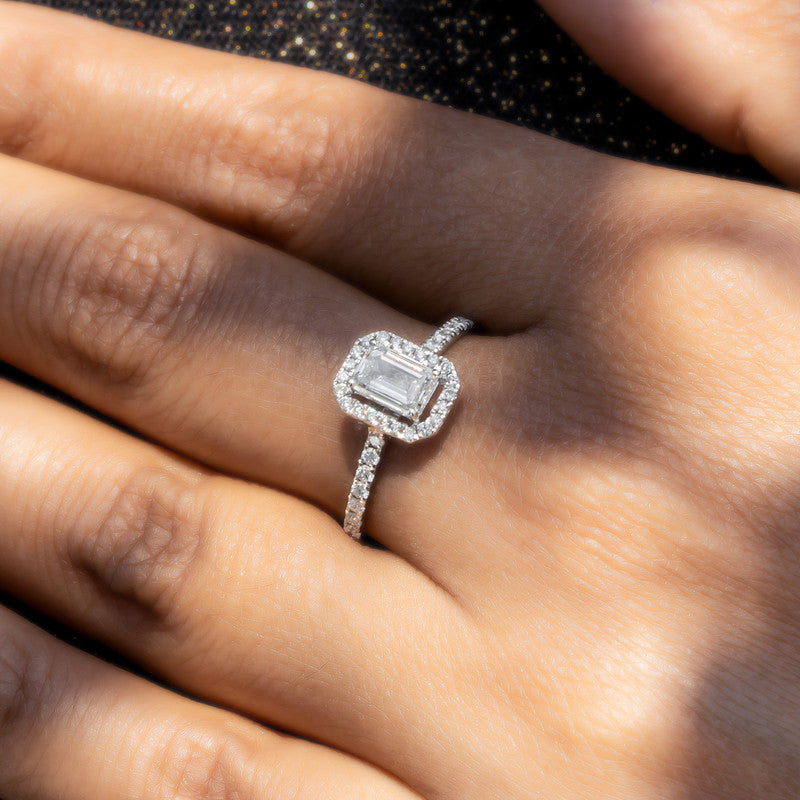 Emerald Cut Diamond Halo Engagement Ring with Pavé Band