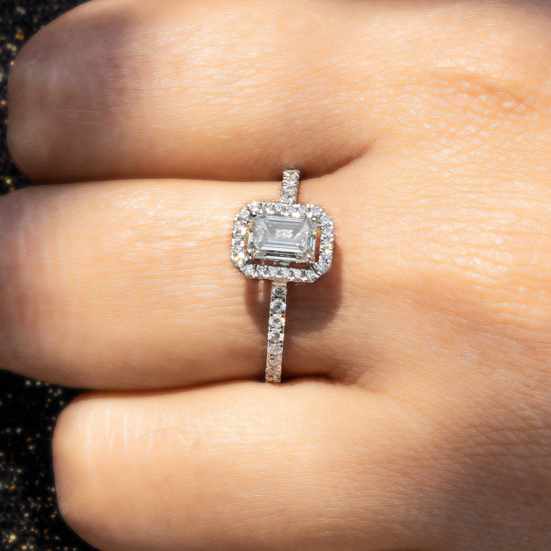 Emerald Cut Diamond Halo Engagement Ring with Pavé Band