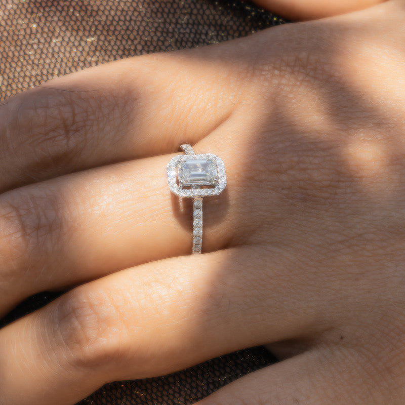 Emerald Cut Diamond Halo Engagement Ring with Pavé Band