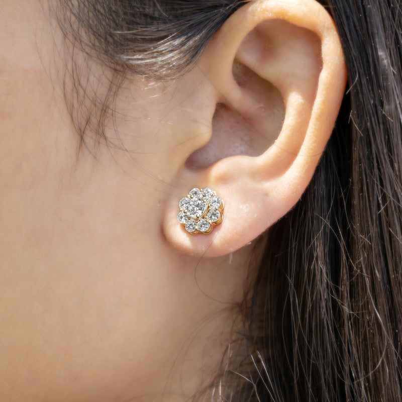 Round Brilliant Diamond Floral Cluster Stud Earrings