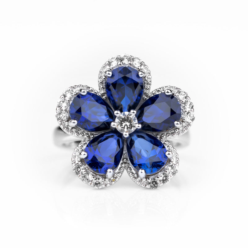 S925 Lab Grown Sapphire Five-Petal Flower Cocktail Ring | Pear-Cut Blue Sapphire with CZ Diamond Halo