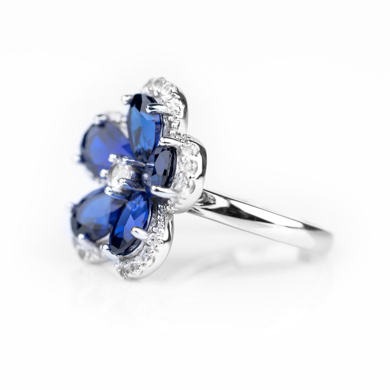 S925 Lab Grown Sapphire Five-Petal Flower Cocktail Ring | Pear-Cut Blue Sapphire with CZ Diamond Halo