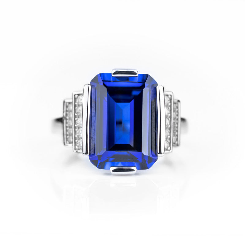 S925 Lab Grown Sapphire Art Deco Emerald-Cut Statement Ring – Style 298 | 10CT Royal Blue Sapphire with Stepped CZ Diamond Shoulders