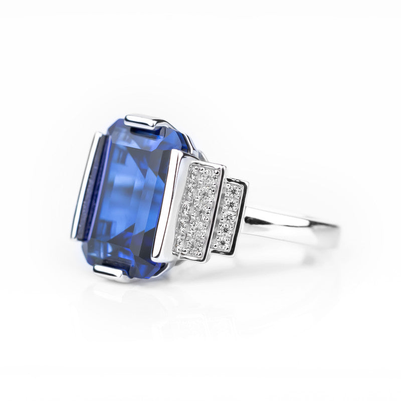 S925 Lab Grown Sapphire Art Deco Emerald-Cut Statement Ring – Style 298 | 10CT Royal Blue Sapphire with Stepped CZ Diamond Shoulders
