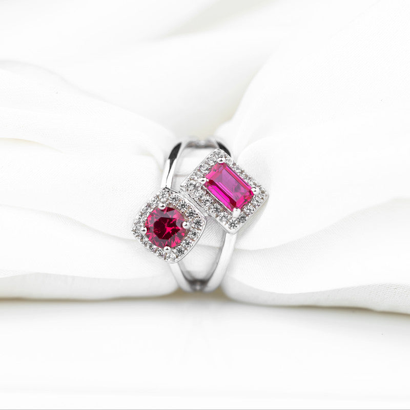 Lab Grown Ruby Toi et Moi Bypass Ring | Round & Emerald-Cut Ruby Dual Halo Twist Ring