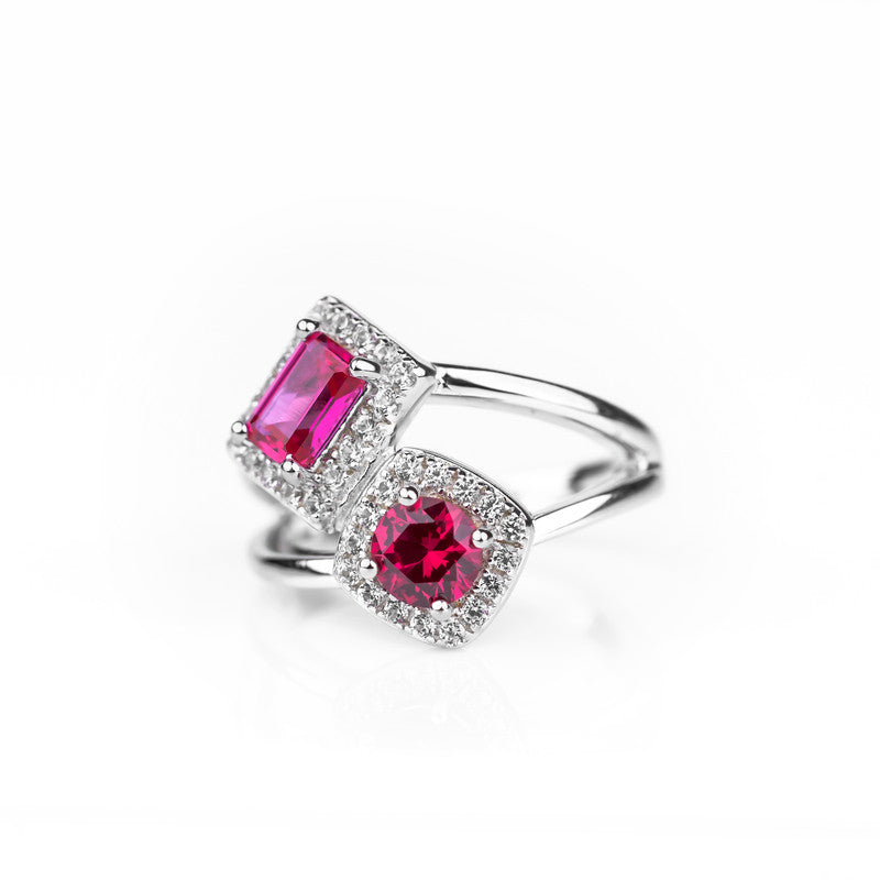 Lab Grown Ruby Toi et Moi Bypass Ring | Round & Emerald-Cut Ruby Dual Halo Twist Ring