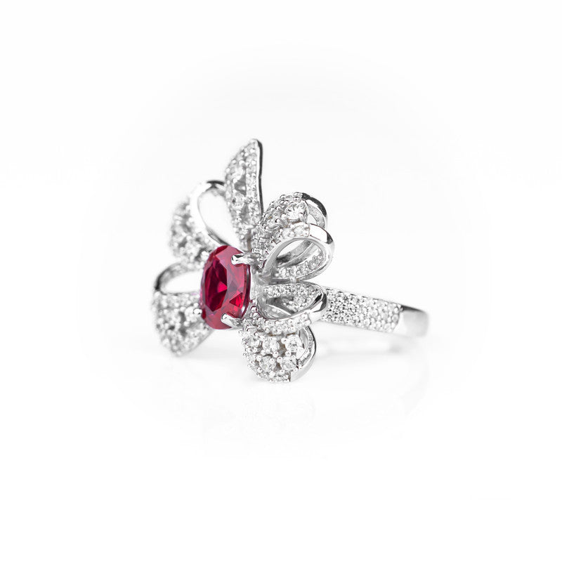 Lab Grown Ruby Orchid Bloom Cocktail Ring | Oval Ruby with Full Pavé CZ Diamond Floral Petals