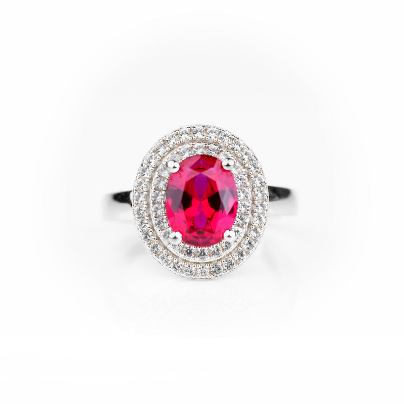Lab Grown Ruby Oval Double Halo Cocktail Ring | Vivid Red Ruby with Triple-Row Pavé CZ Diamond Surround