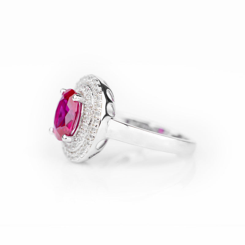 Lab Grown Ruby Oval Double Halo Cocktail Ring | Vivid Red Ruby with Triple-Row Pavé CZ Diamond Surround