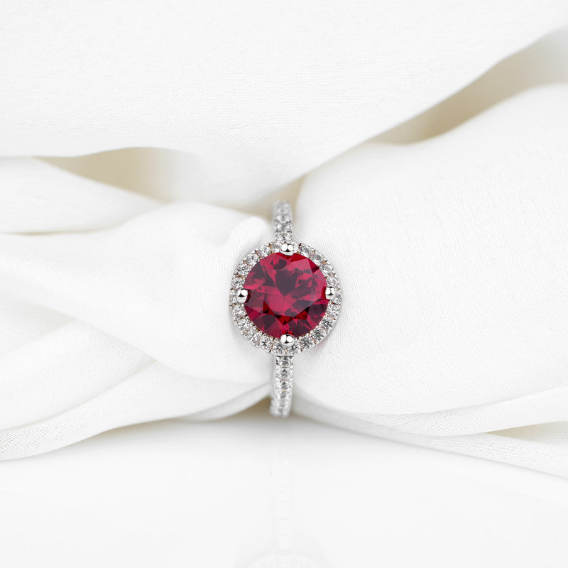 S925 Sterling Silver Lab Grown Round Ruby Halo Ring with CZ Diamond Band