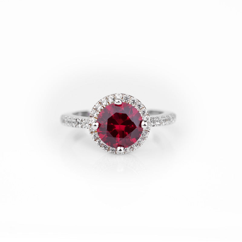 S925 Sterling Silver Lab Grown Round Ruby Halo Ring with CZ Diamond Band