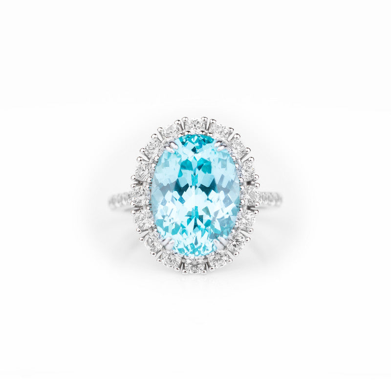 S925 Sterling Silver Lab Grown Oval Paraiba Tourmaline Halo Ring with CZ Diamond Band