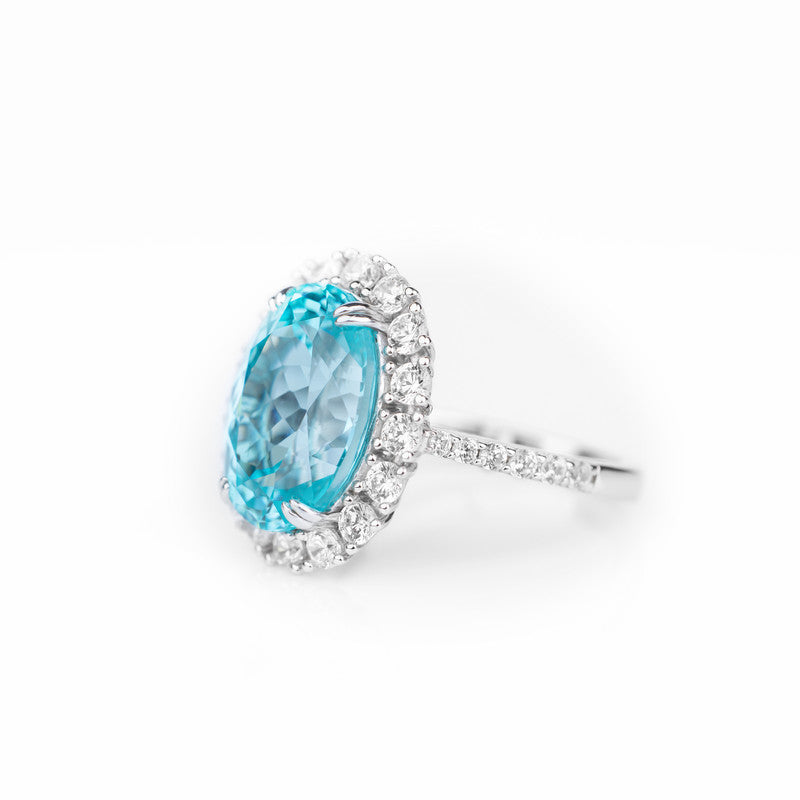 S925 Sterling Silver Lab Grown Oval Paraiba Tourmaline Halo Ring with CZ Diamond Band