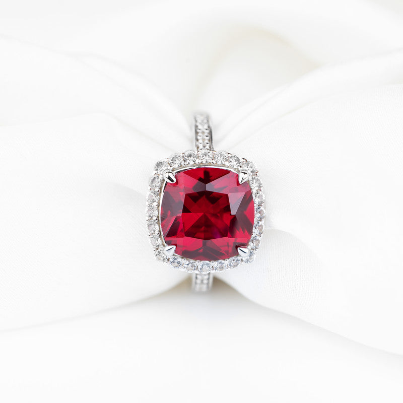 S925 Sterling Silver Lab Grown Cushion Cut Ruby Halo Ring with CZ Diamond Band
