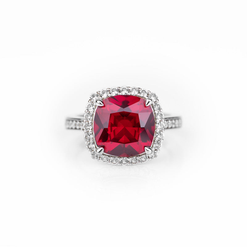 S925 Sterling Silver Lab Grown Cushion Cut Ruby Halo Ring with CZ Diamond Band