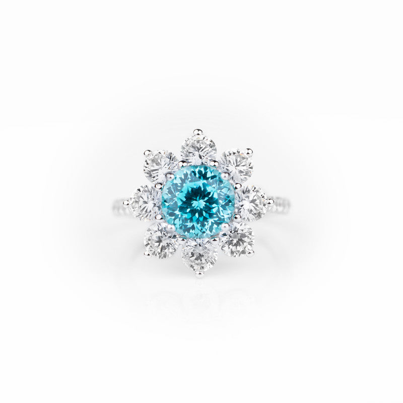 S925 Sterling Silver Lab Grown Round Paraiba Tourmaline Sunburst Flower Halo Ring with CZ Diamond Band