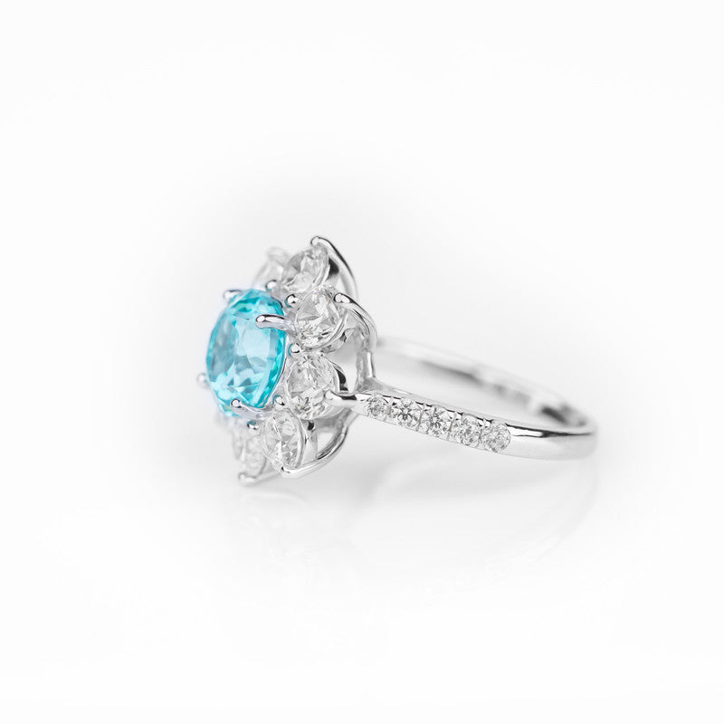 S925 Sterling Silver Lab Grown Round Paraiba Tourmaline Sunburst Flower Halo Ring with CZ Diamond Band