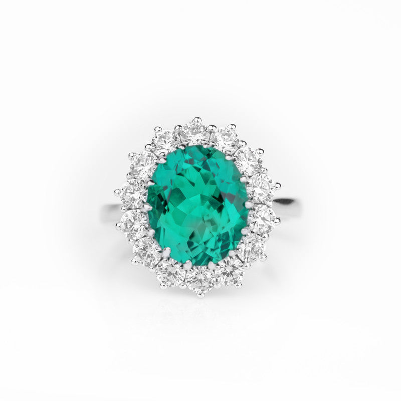 S925 Sterling Silver Lab Grown Oval Emerald Royal Halo Ring with CZ Diamond Cluster
