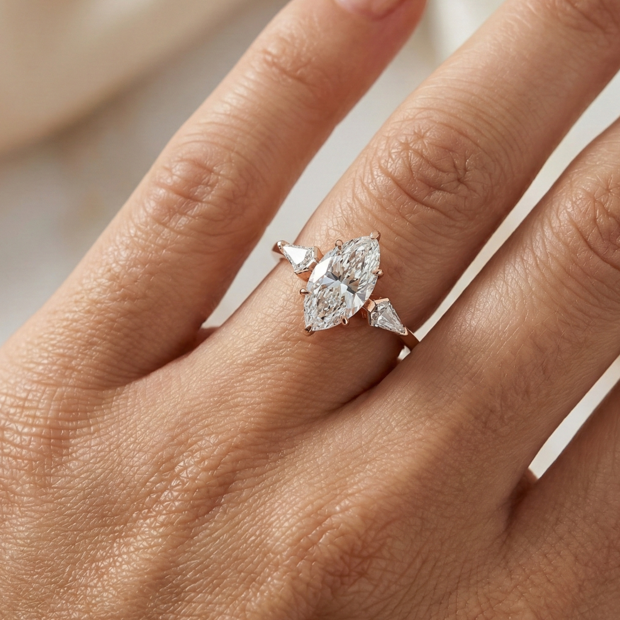 Marquise Cut Engagement Ring with Shield Side Stones