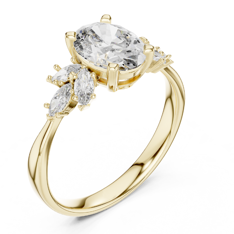 Oval Diamond Engagement Ring 1.00ct E VS1 with Marquise Accents 0.30ct | Gold Bridal Ring | Unique Anniversary Jewelry