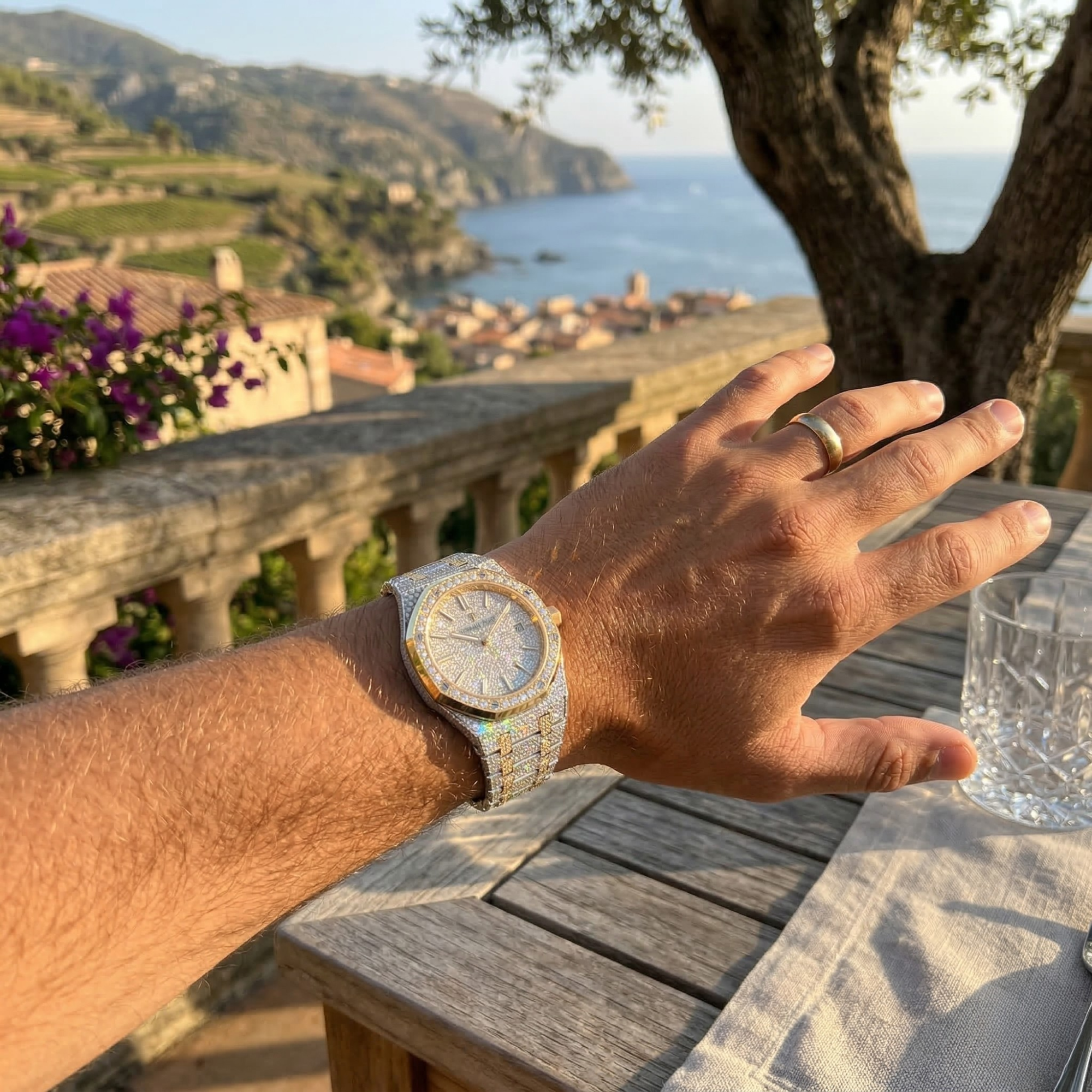 Excellent Jewels Two-Tone Bust Down Moissanite Watch | 44MM | 14K Yellow Gold Finish | VVS Iced Out