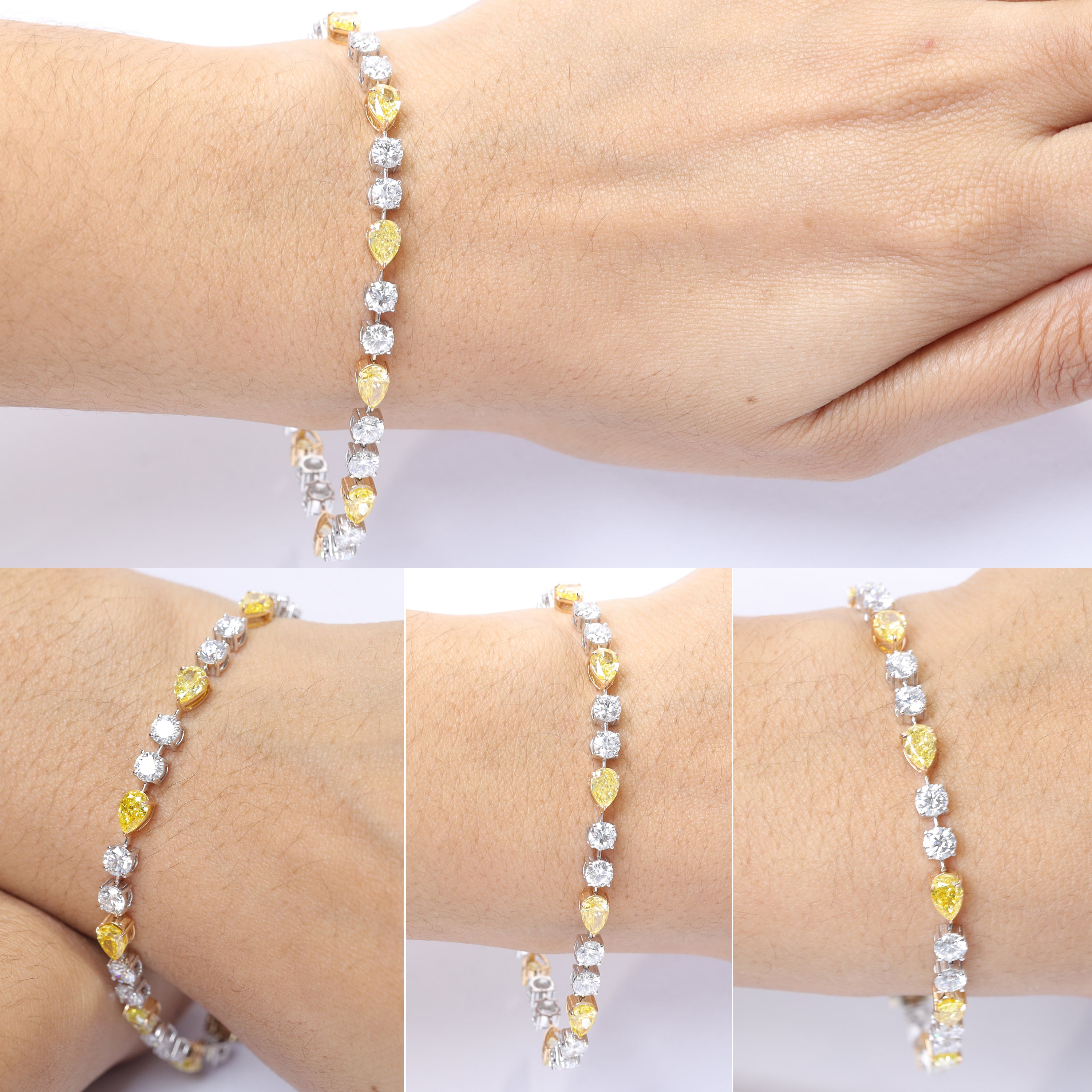 Two-Tone Pear & Round CVD Diamond Tennis Bracelet in 18K White & Yellow Gold