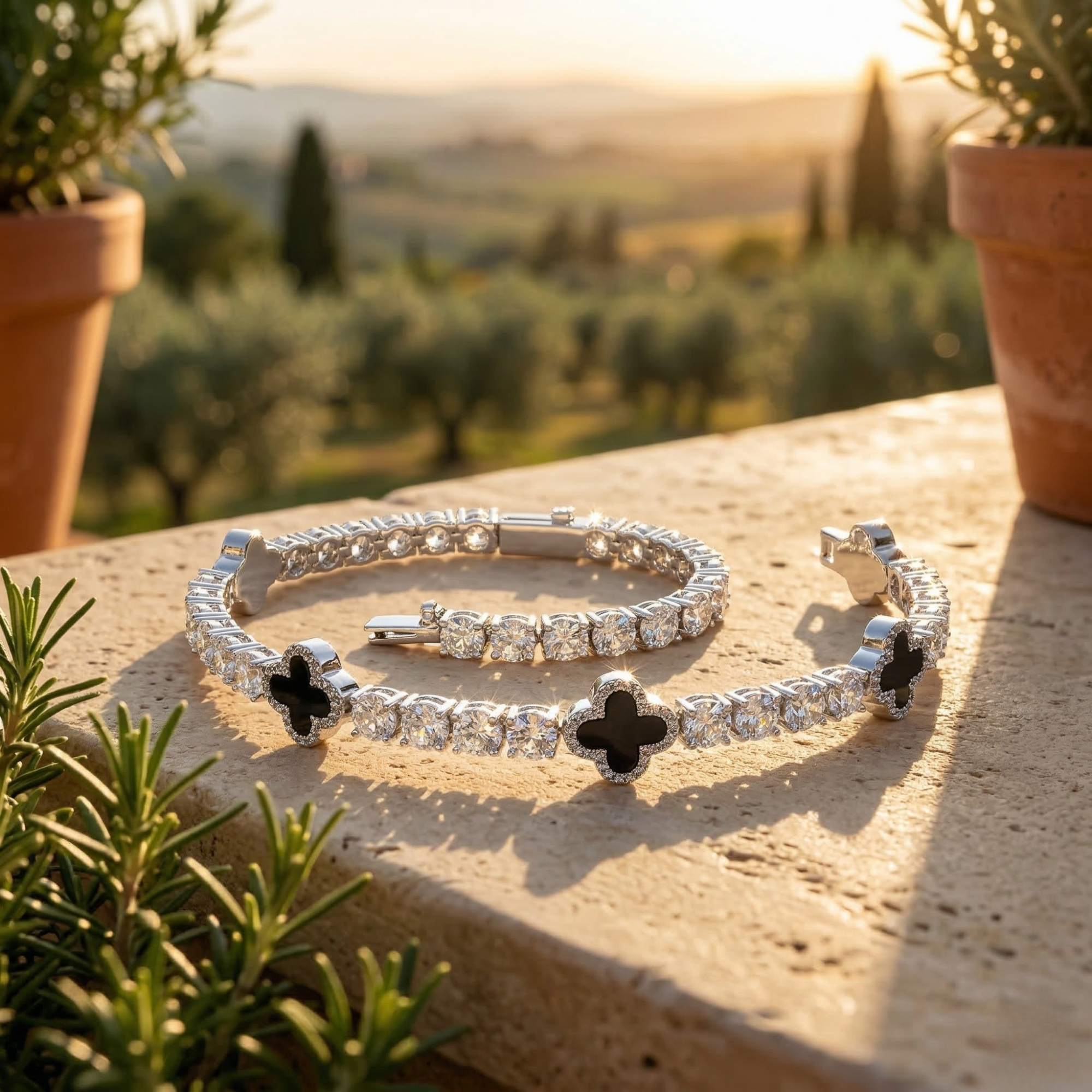 Excellent Jewels 5MM Black Agate Moissanite Tennis Bracelet — 14K Gold