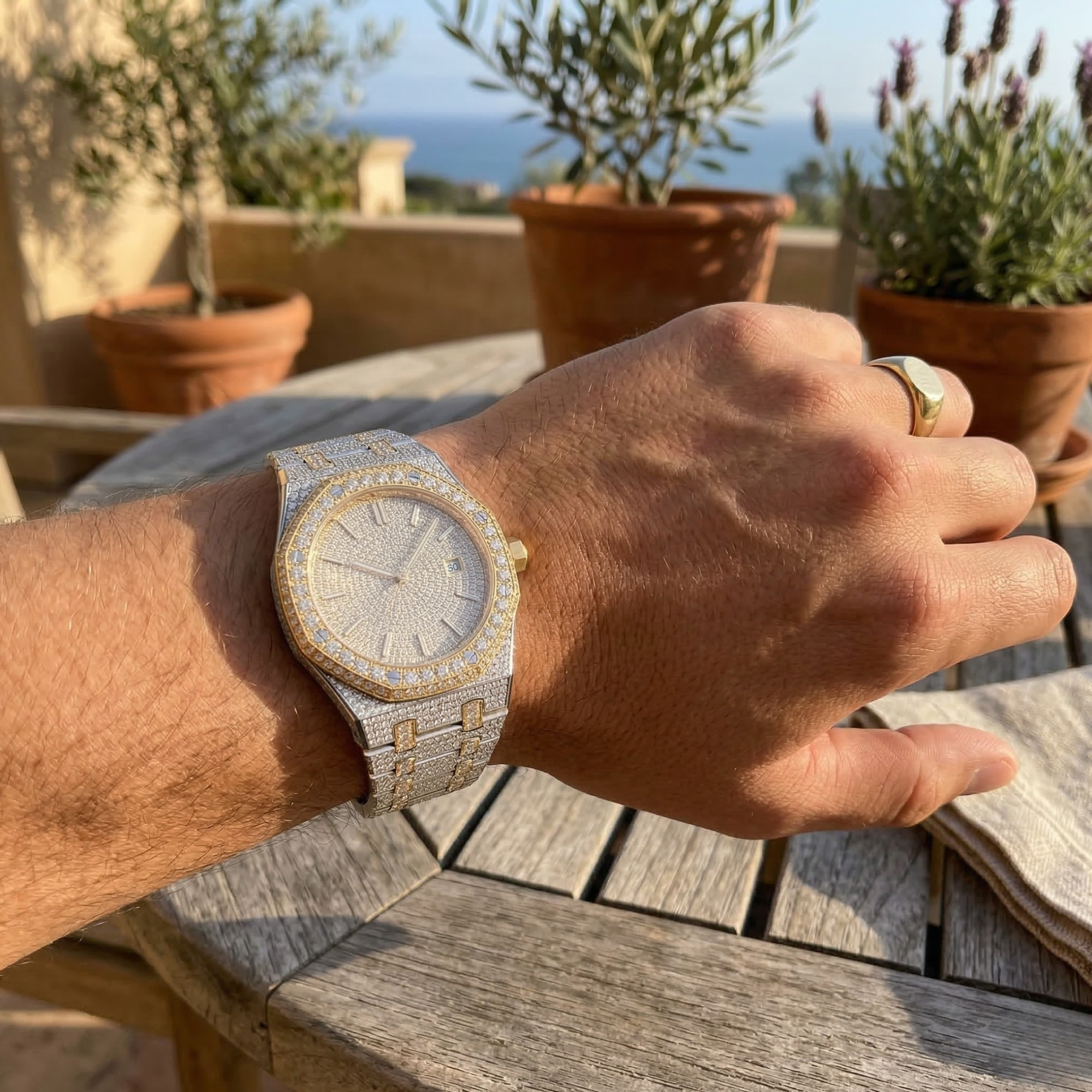 Excellent Jewels Two-Tone Bust Down Moissanite Watch | 44MM | 14K Yellow Gold Finish | VVS Iced Out