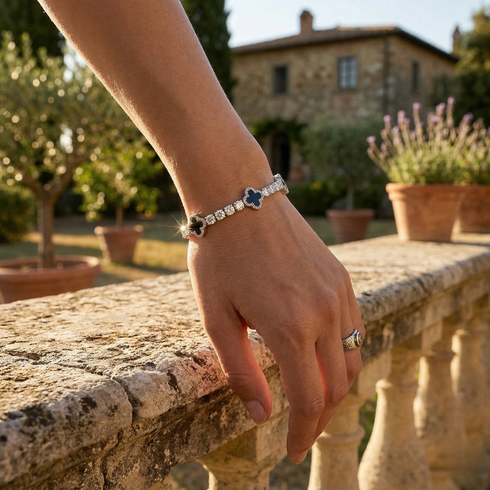 Excellent Jewels 5MM Black Agate Moissanite Tennis Bracelet — 14K Gold