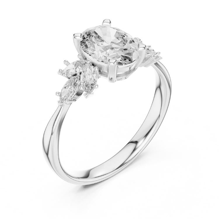 Oval Diamond Engagement Ring 1.00ct E VS1 with Marquise Accents 0.30ct | Gold Bridal Ring | Unique Anniversary Jewelry