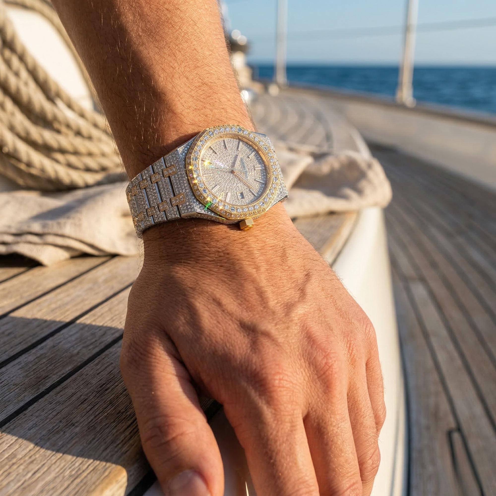 Excellent Jewels Two-Tone Bust Down Moissanite Watch | 44MM | 14K Yellow Gold Finish | VVS Iced Out