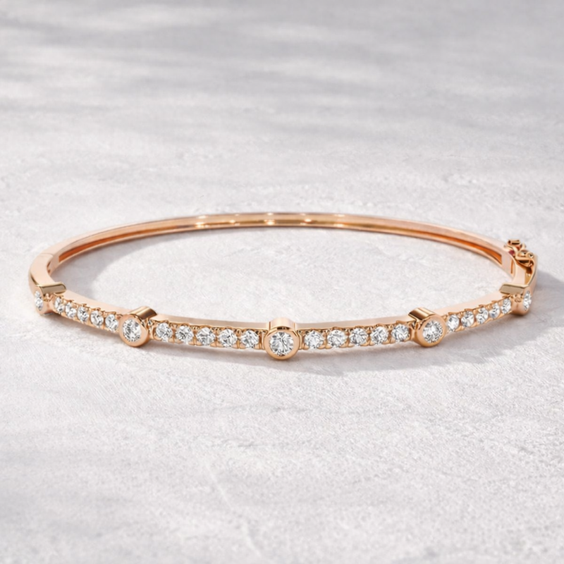 Lab Grown Diamond Station Bezel & Pavé Hinged Bangle Bracelet