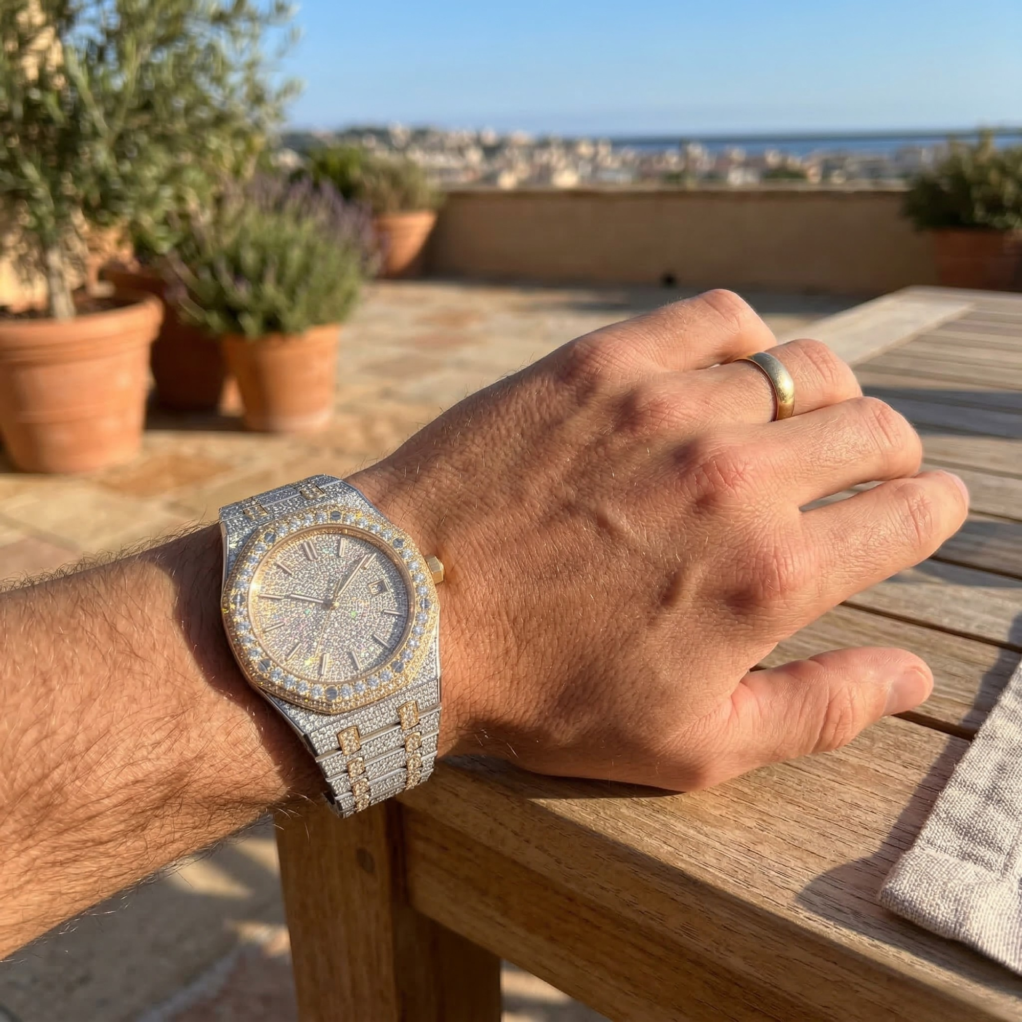 Excellent Jewels Two-Tone Bust Down Moissanite Watch | 44MM | 14K Yellow Gold Finish | VVS Iced Out