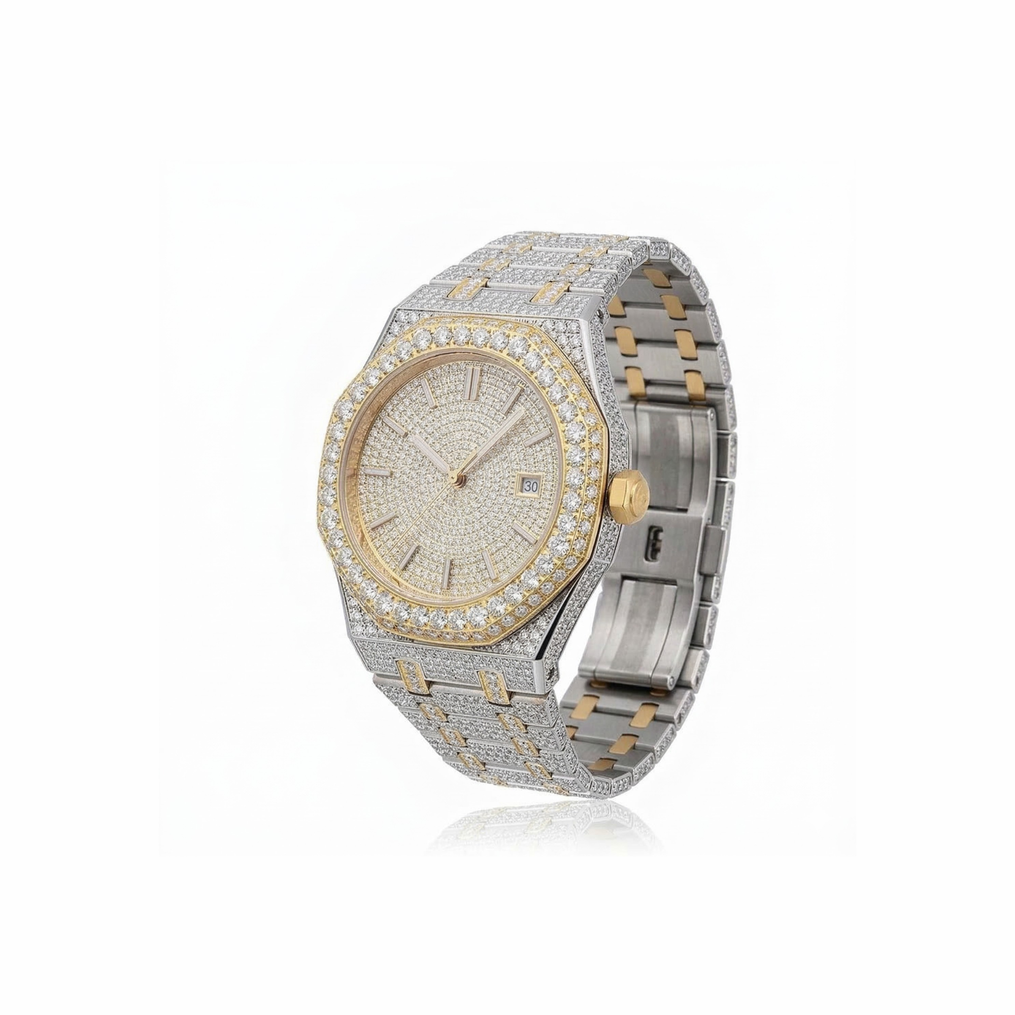 Excellent Jewels Two-Tone Bust Down Moissanite Watch | 44MM | 14K Yellow Gold Finish | VVS Iced Out