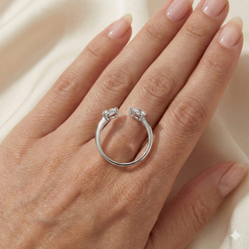 Twin Pear Cut Lab Grown Diamond Open Cuff Ring | 14K White Gold Minimal Modern Band | Promise & Anniversary Ring