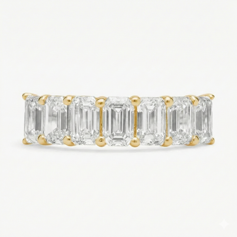 Emerald Cut Diamond Half Eternity Band | 14K Yellow Gold Shared Prong Wedding Ring | Anniversary & Stacking Band
