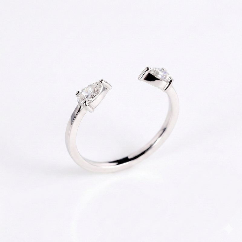 Twin Pear Cut Lab Grown Diamond Open Cuff Ring | 14K White Gold Minimal Modern Band | Promise & Anniversary Ring