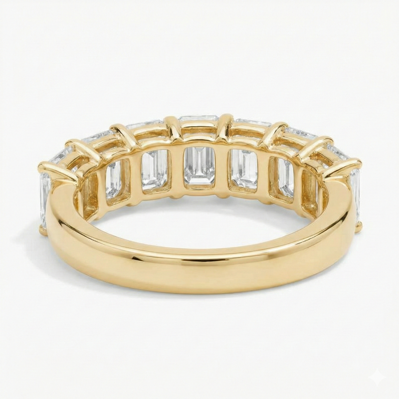 Emerald Cut Diamond Half Eternity Band | 14K Yellow Gold Shared Prong Wedding Ring | Anniversary & Stacking Band