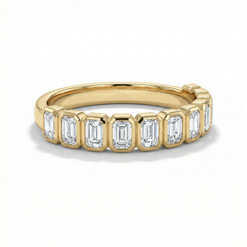 Bezel Set Emerald Cut Diamond Ring Modern Stackable Half Eternity Band