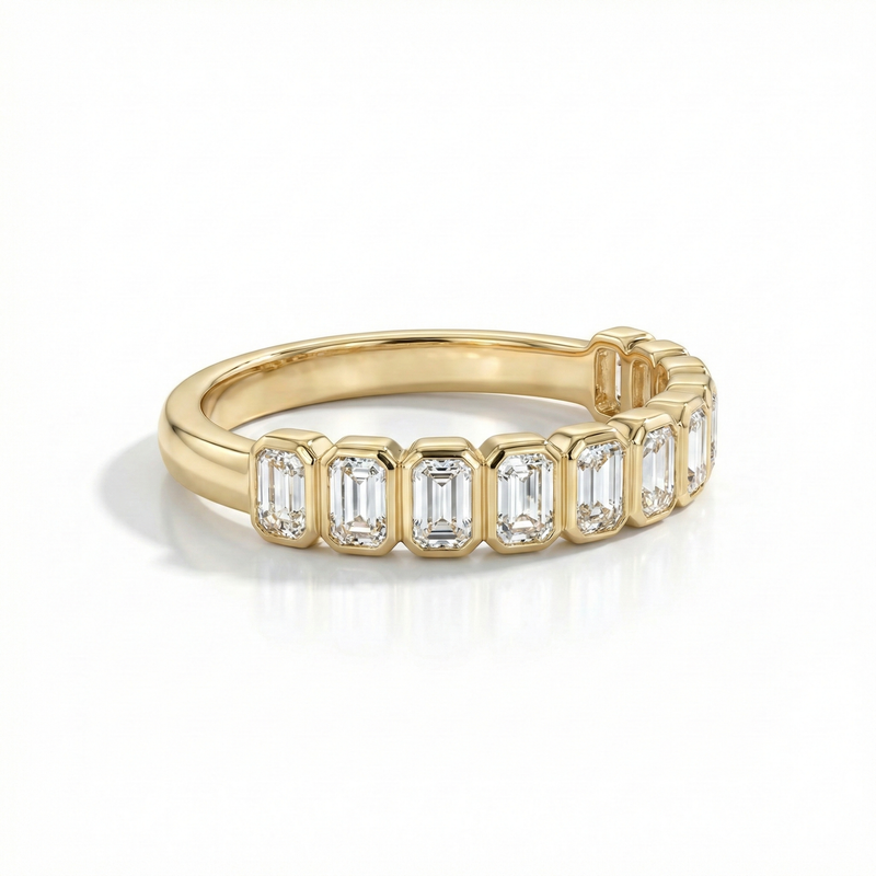 Bezel Set Emerald Cut Diamond Ring Modern Stackable Half Eternity Band