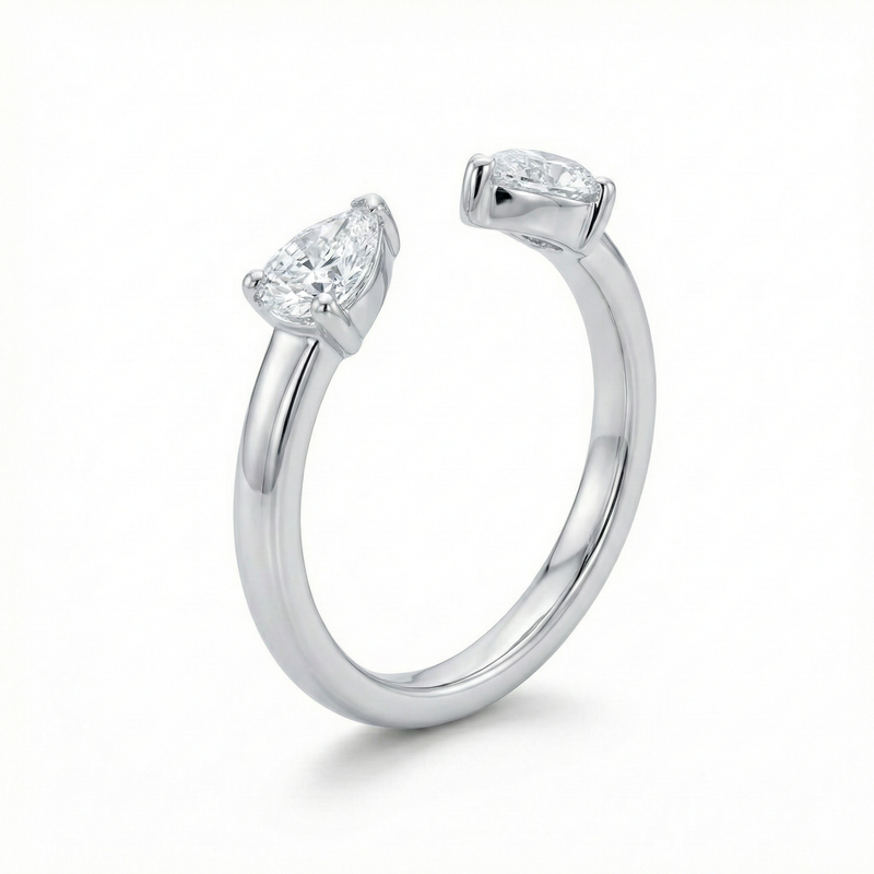 Twin Pear Cut Lab Grown Diamond Open Cuff Ring | 14K White Gold Minimal Modern Band | Promise & Anniversary Ring