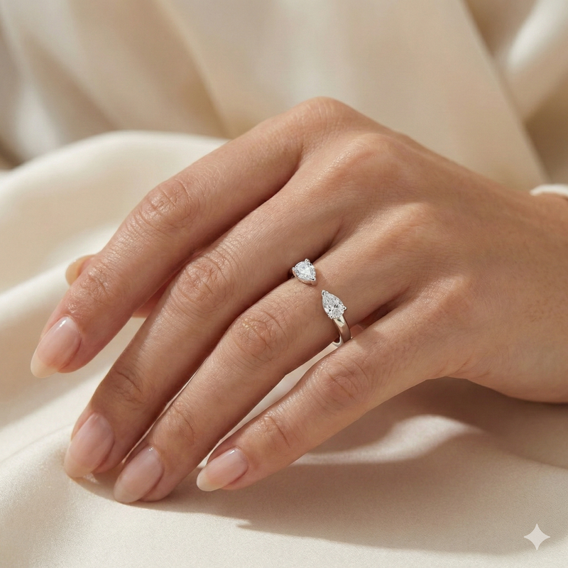 Twin Pear Cut Lab Grown Diamond Open Cuff Ring | 14K White Gold Minimal Modern Band | Promise & Anniversary Ring