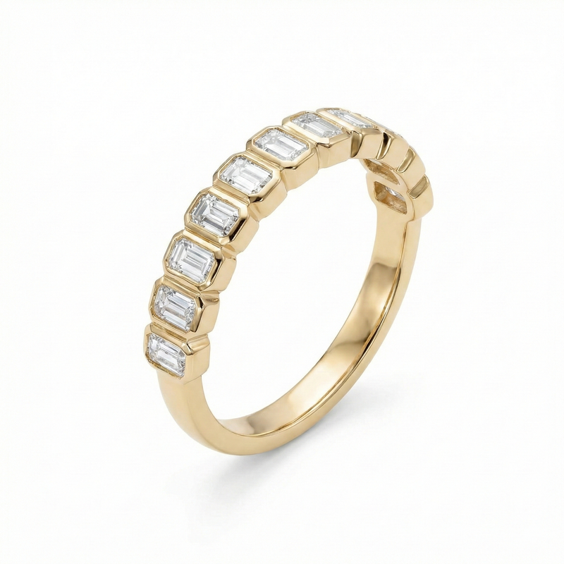 Bezel Set Emerald Cut Diamond Ring Modern Stackable Half Eternity Band