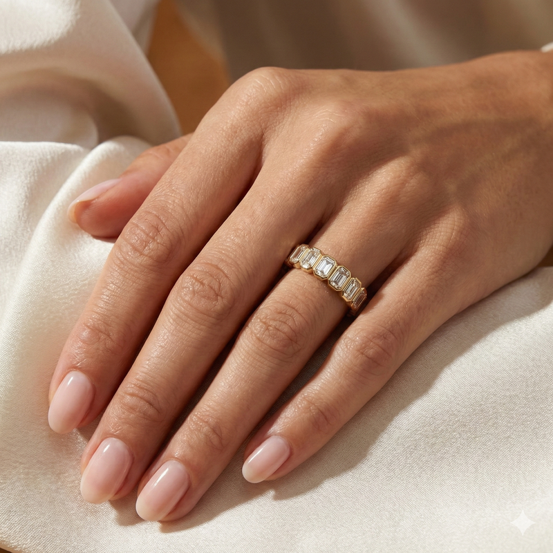 Bezel Set Emerald Cut Diamond Ring Modern Stackable Half Eternity Band