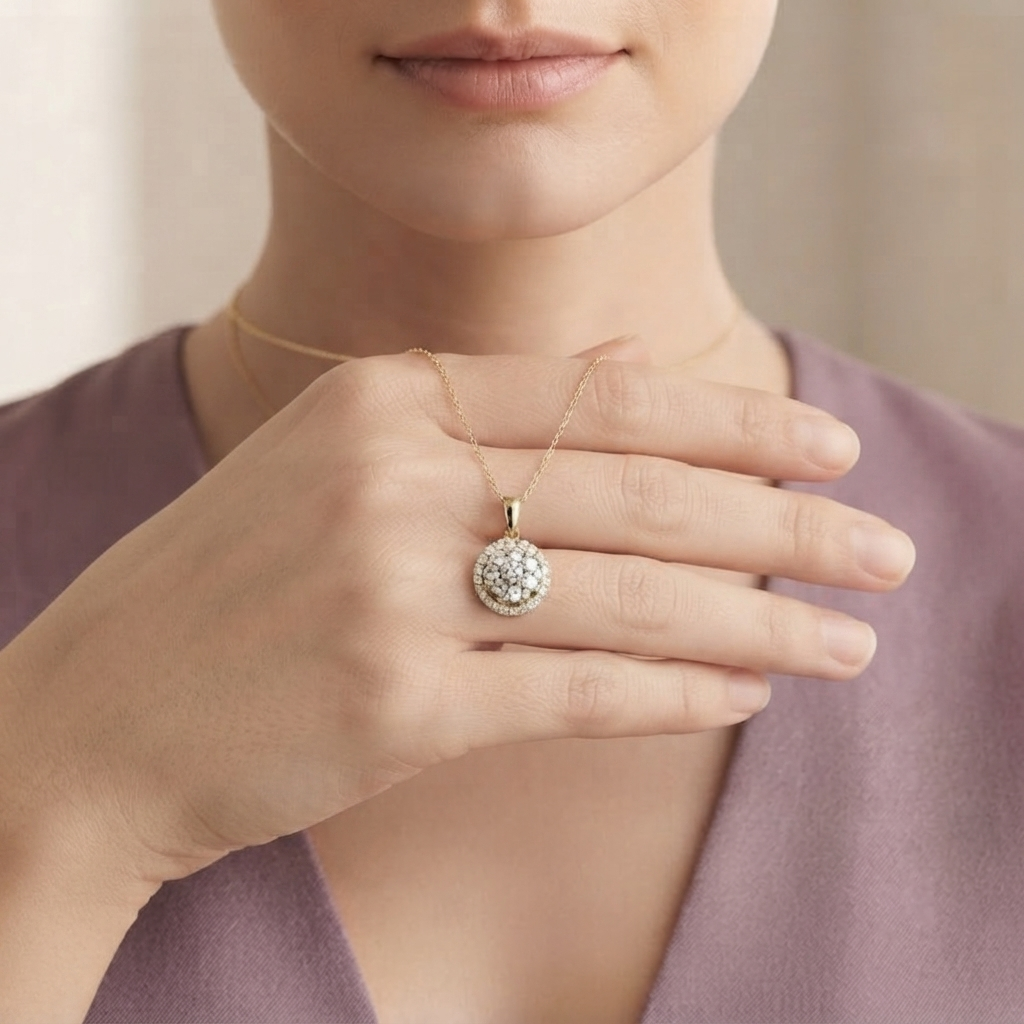 Round Cluster Halo Diamond Pendant Necklace