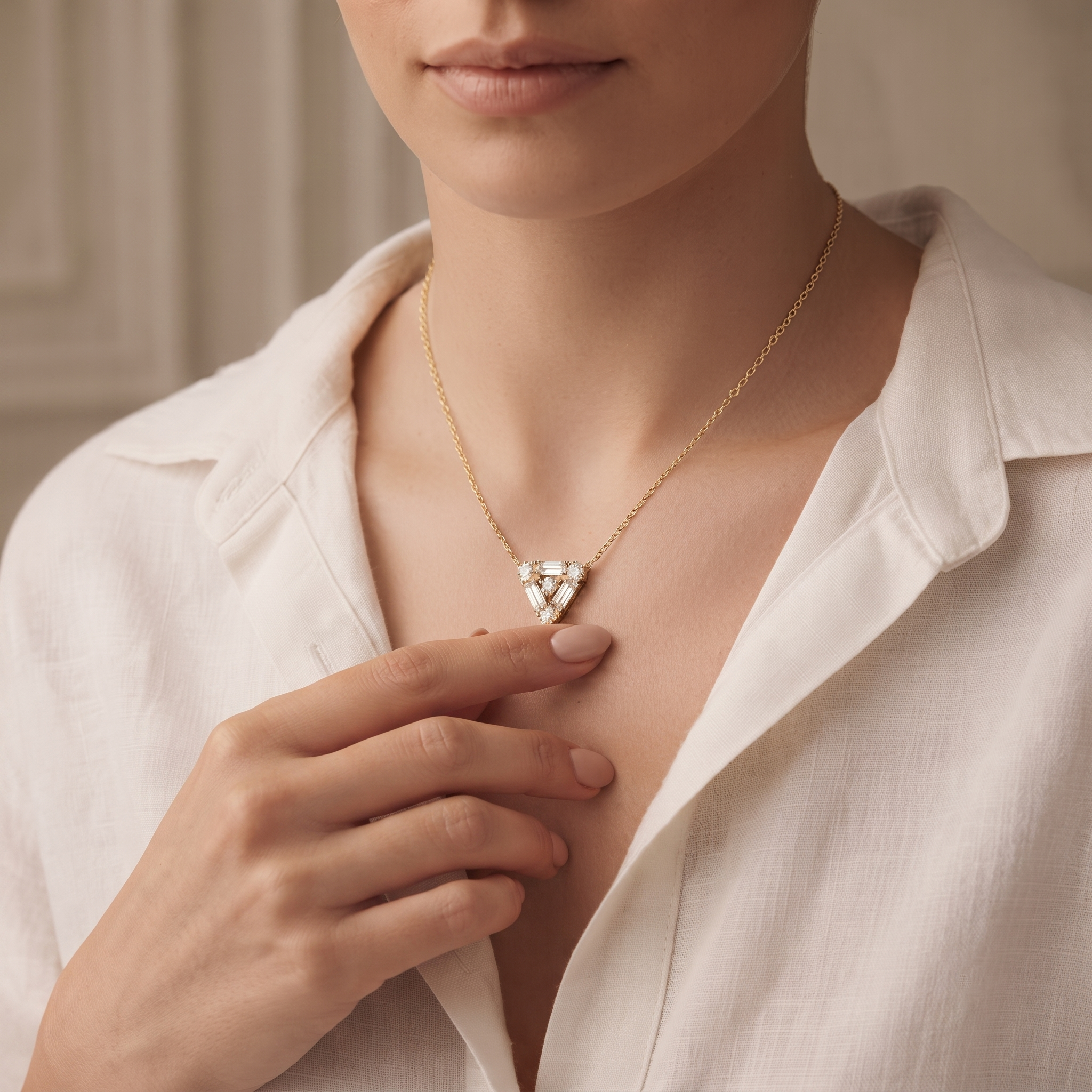 Geometric Baguette Diamond Triangle Pendant